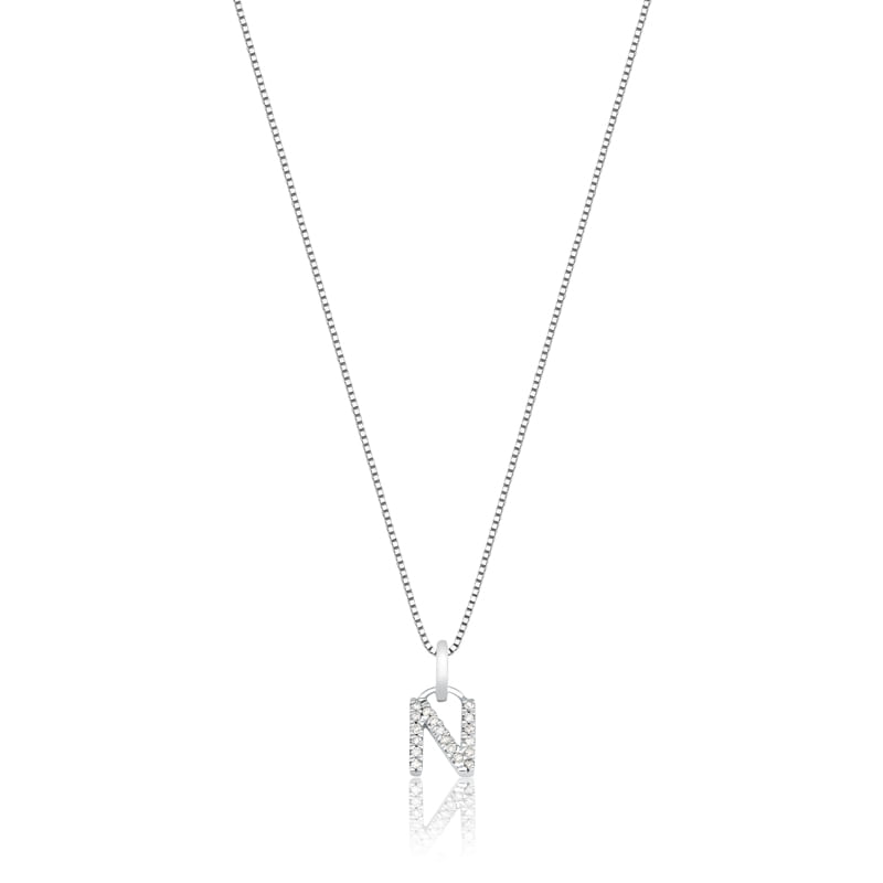 Pingente Letra N com Diamante em Ouro Branco 18k