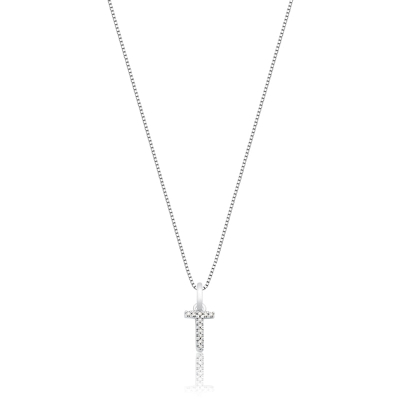 Pingente Letra T com Diamante em Ouro Branco 18k