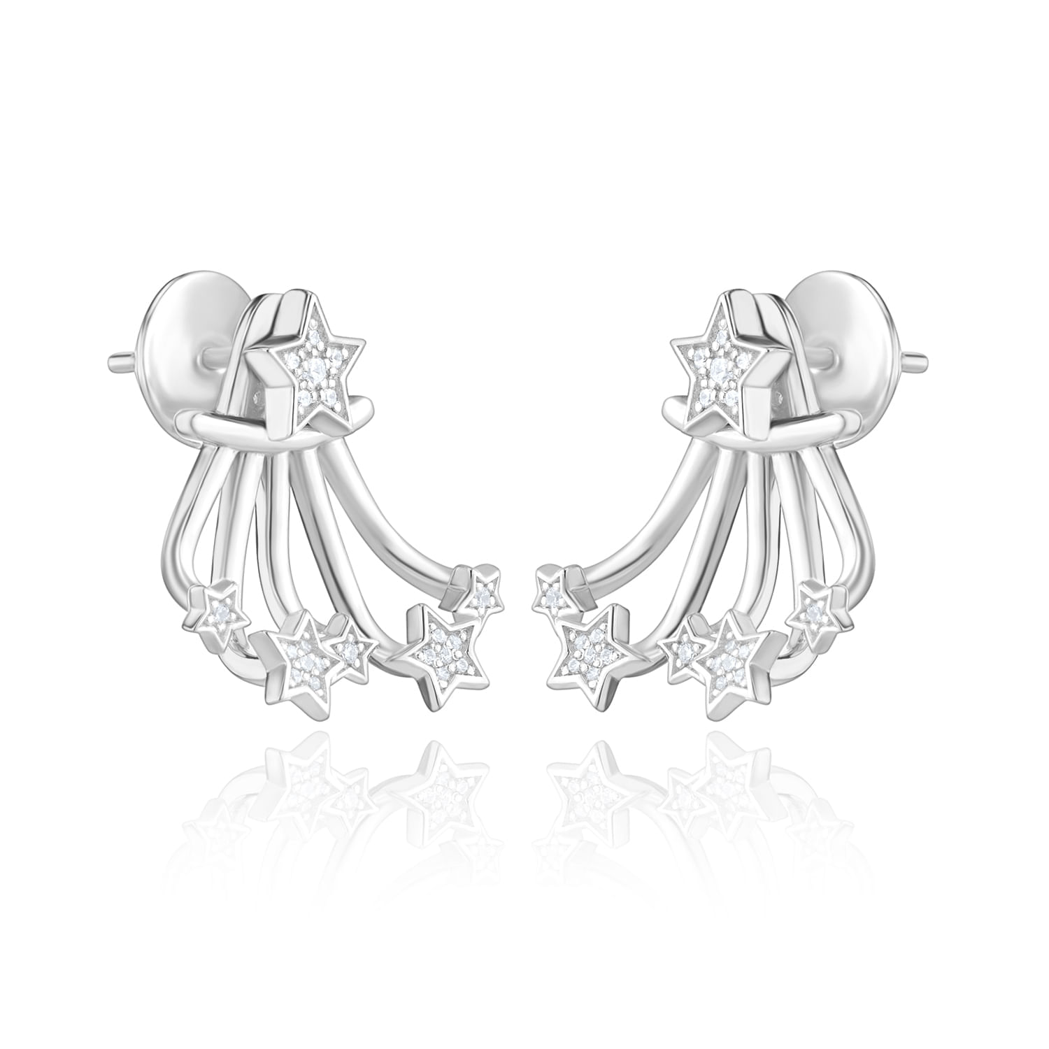 Brincos prateados com estrelas decorativas, algumas com pedras brilhantes, em um design delicado e elegante.