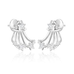 Brincos prateados com estrelas decorativas, algumas com pedras brilhantes, em um design delicado e elegante.