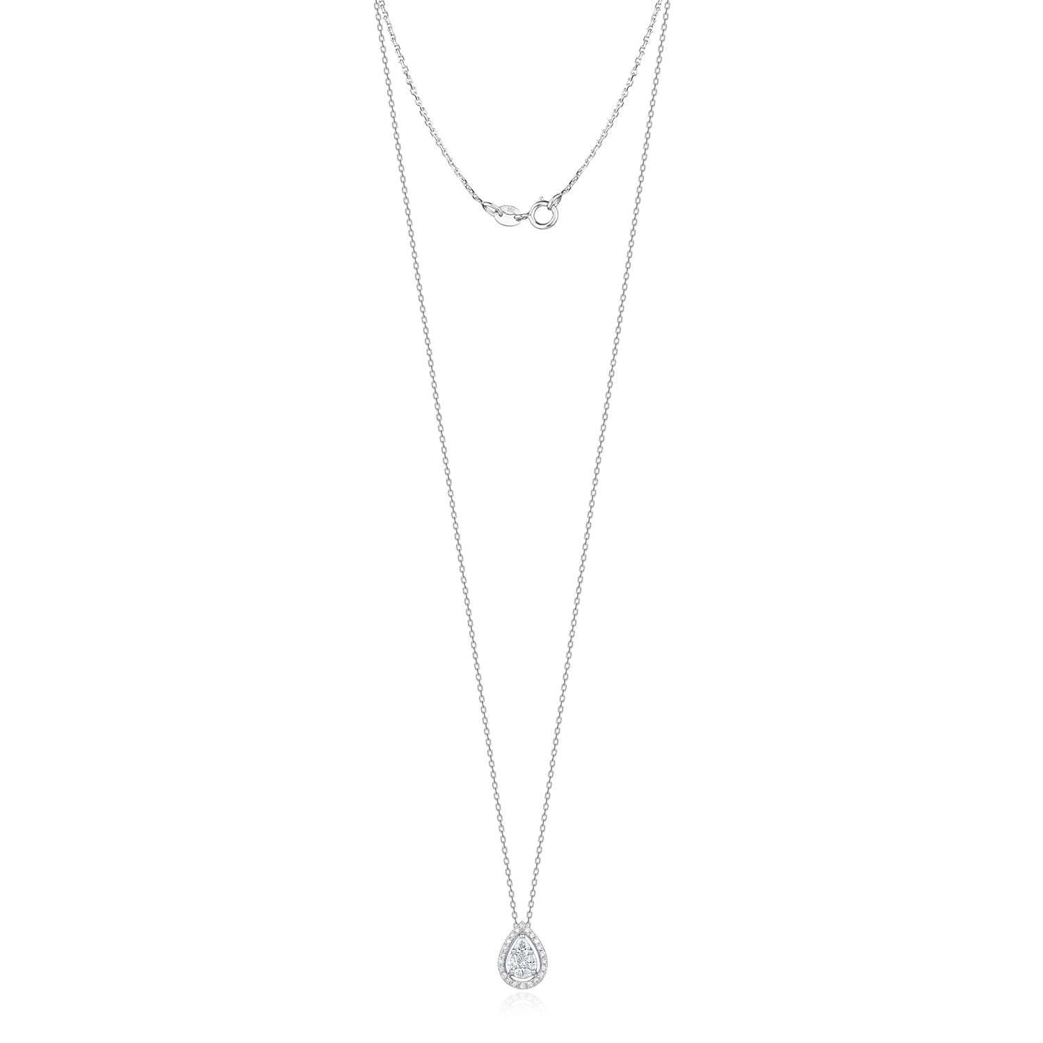 Colar de prata com pingente em formato de gota, decorado com pequenas pedras brilhantes.