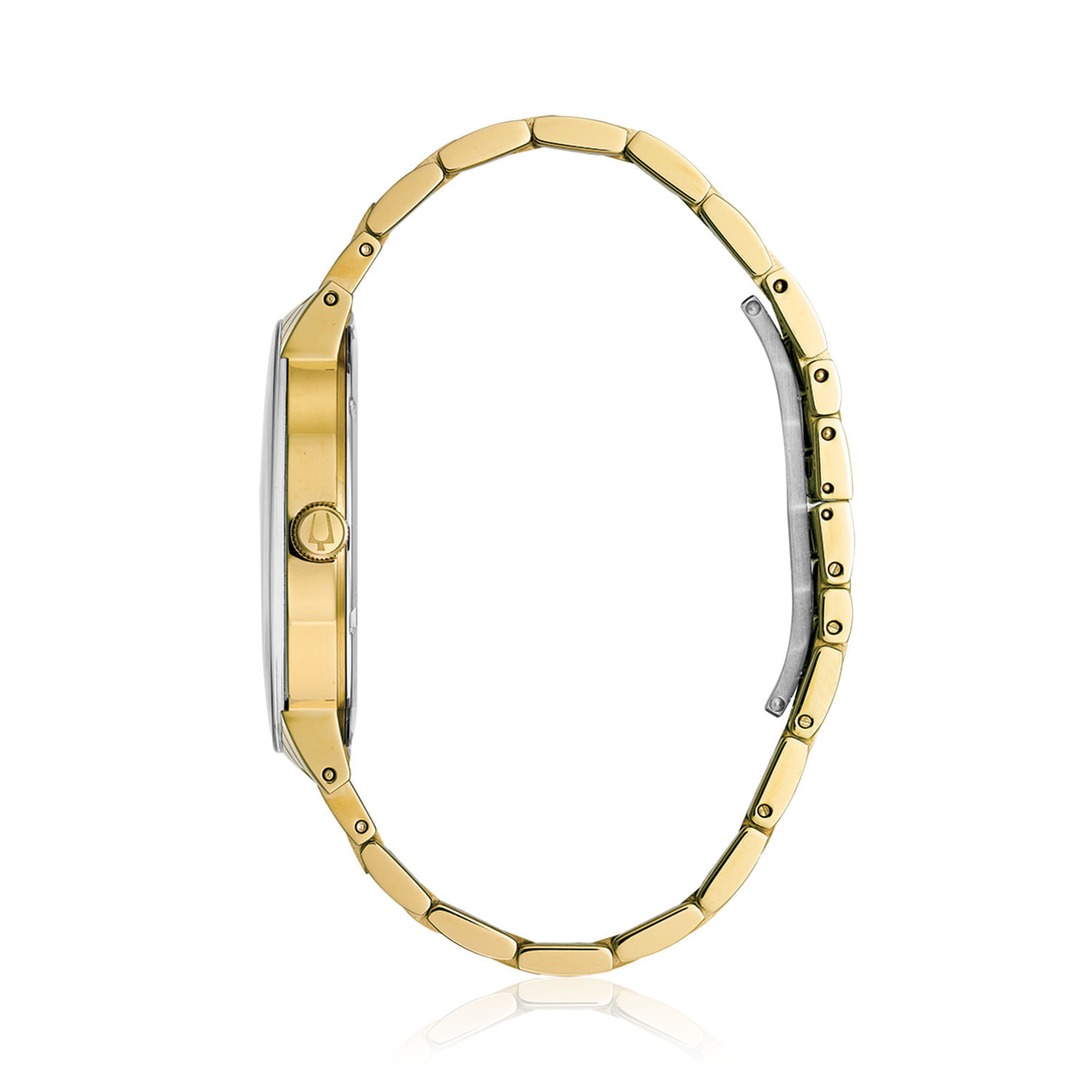 Relógio com pulseira de metal dourada e caixa prateada, visto de lado, exibindo detalhes de acabamento e a coroa na lateral.