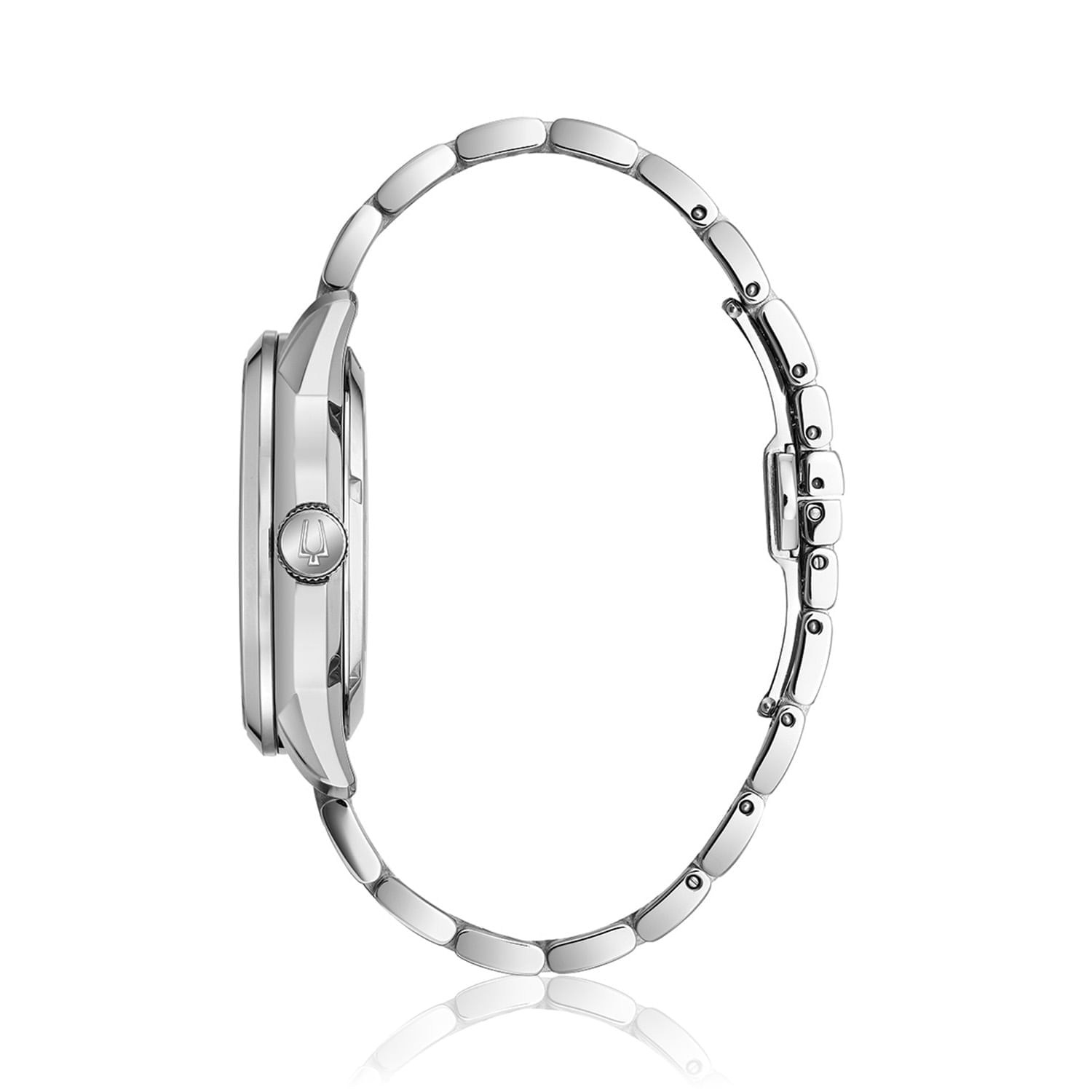 Relógio de pulso com pulseira de metal prateada, mostrador redondo e coroço com símbolo.