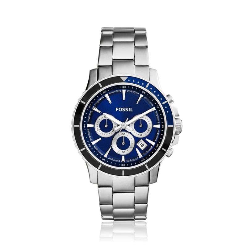 Relógio feminino Fossil com pulseira de aço prateada, mostrador azul com três subdials e detalhes em prata e preto.
