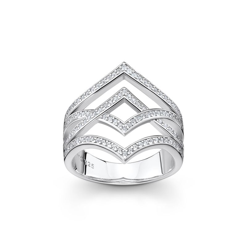 Anel prateado com várias faixas horizontais decoradas com pequenos diamantes.