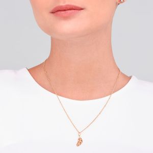 Colar dourado com pingente em formato de folha, usado no pescoço de uma pessoa.