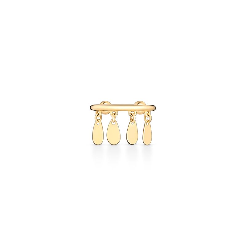 Anel dourado com quatro pingentes de gota pendurados na parte superior.