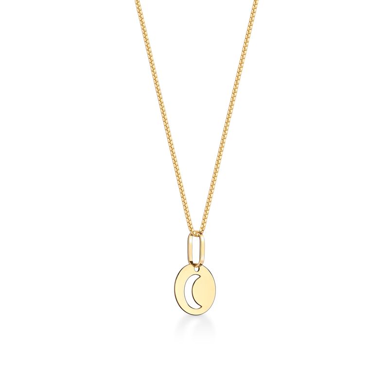 Colar dourado com pingente em forma de lua crescente, suspenso em corrente delicada.
