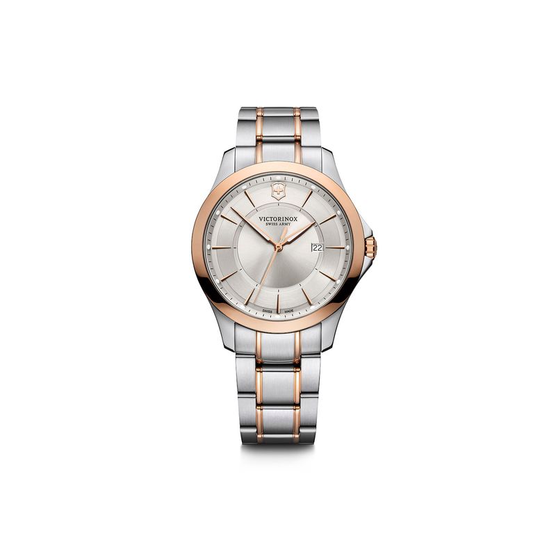 Relógio feminino de pulseira metálica dupla com detalhes em rosé, mostrador prateado e data na posição 3 horas.