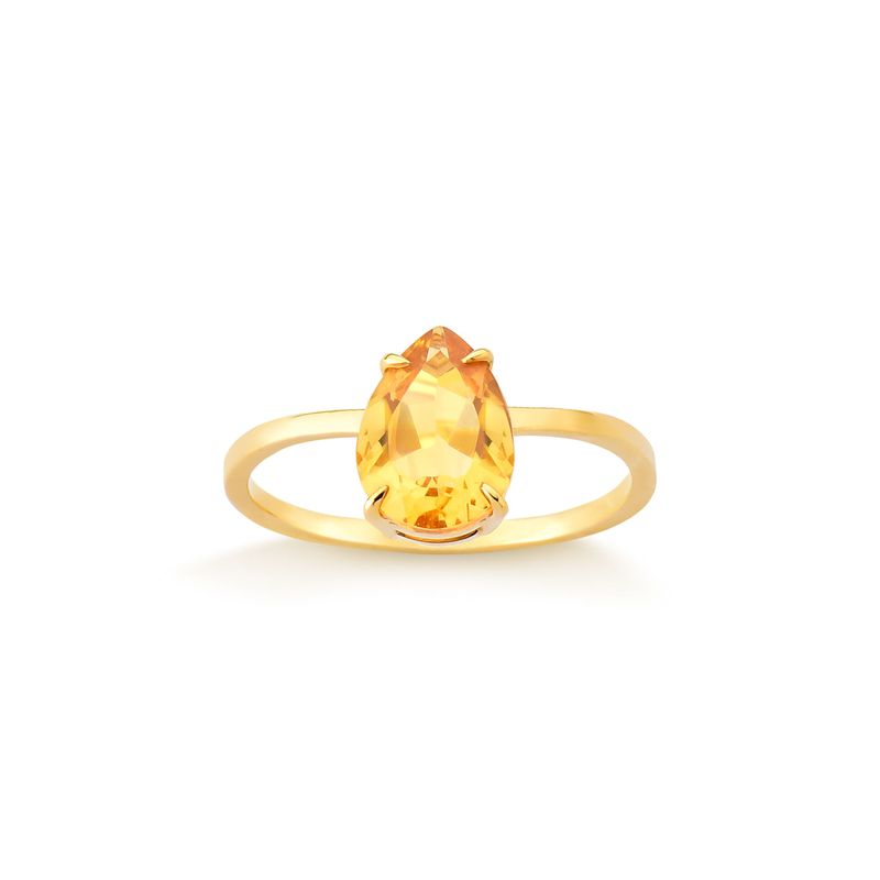 Anel dourado com pedra de formato oval lapidada em tom amarelo.