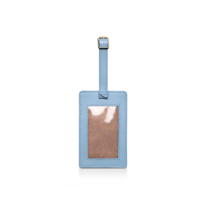 Lanyard azul com porta-cartões transparente, bolso para exibir identificação e alça ajustável com fivela dourada.