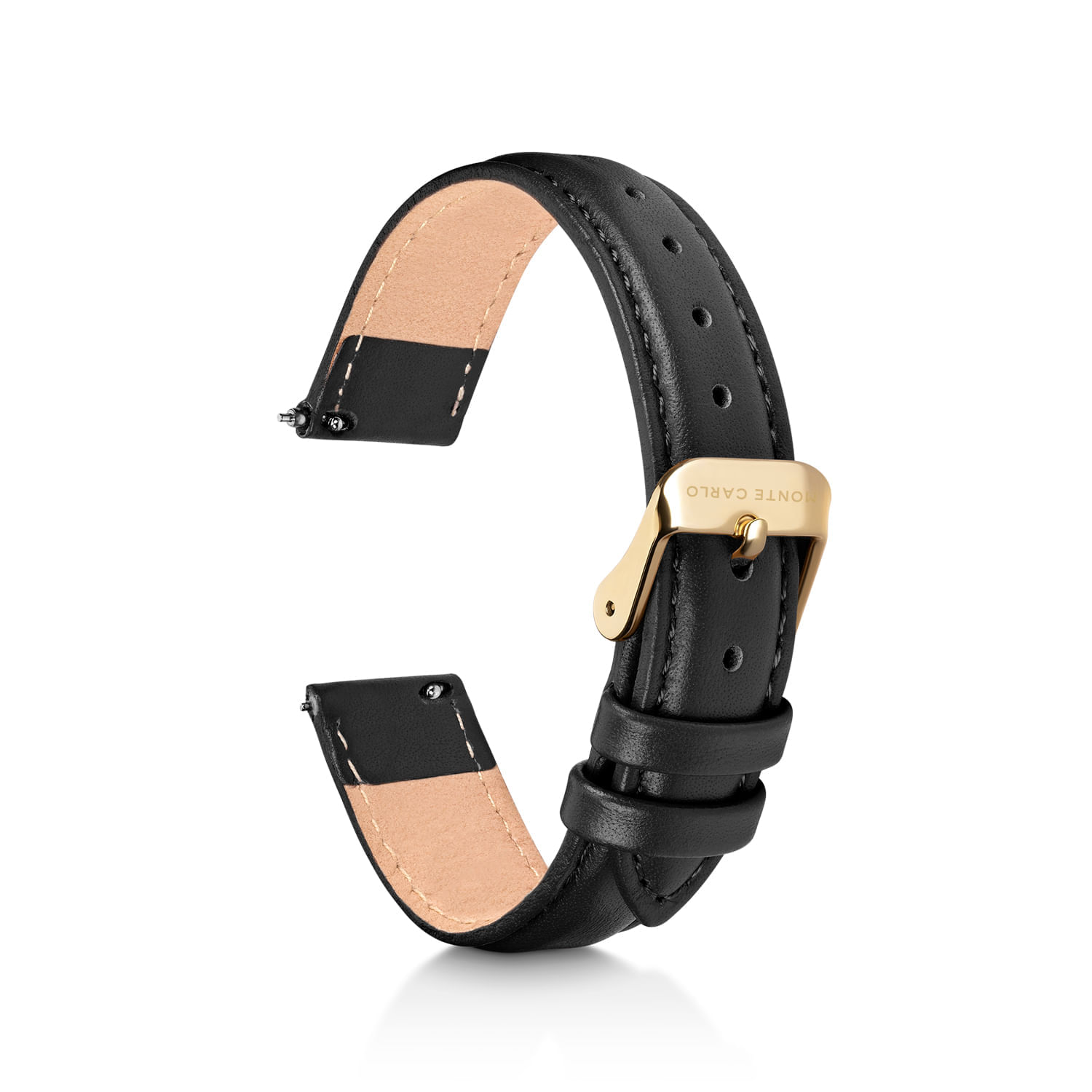 Pulseira preta de couro com fivela dourada, aberta em forma de círculo, com furo na ponta e detalhes brancos na costura.