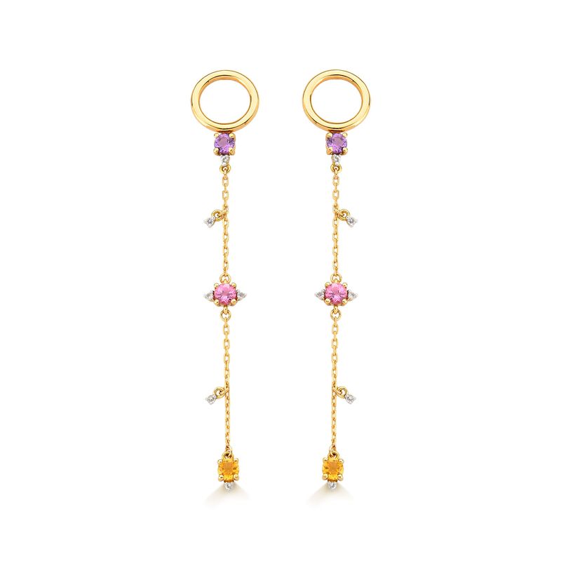 Brinco em Ouro Amarelo com Ametista, Citrino, Topázio Incolor, Turmalina Rosa