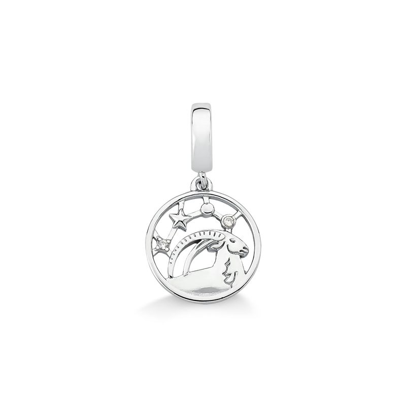 Pingente circular prateado com desenho de um cavalo, estrela, lua e pontuação na parte interna.