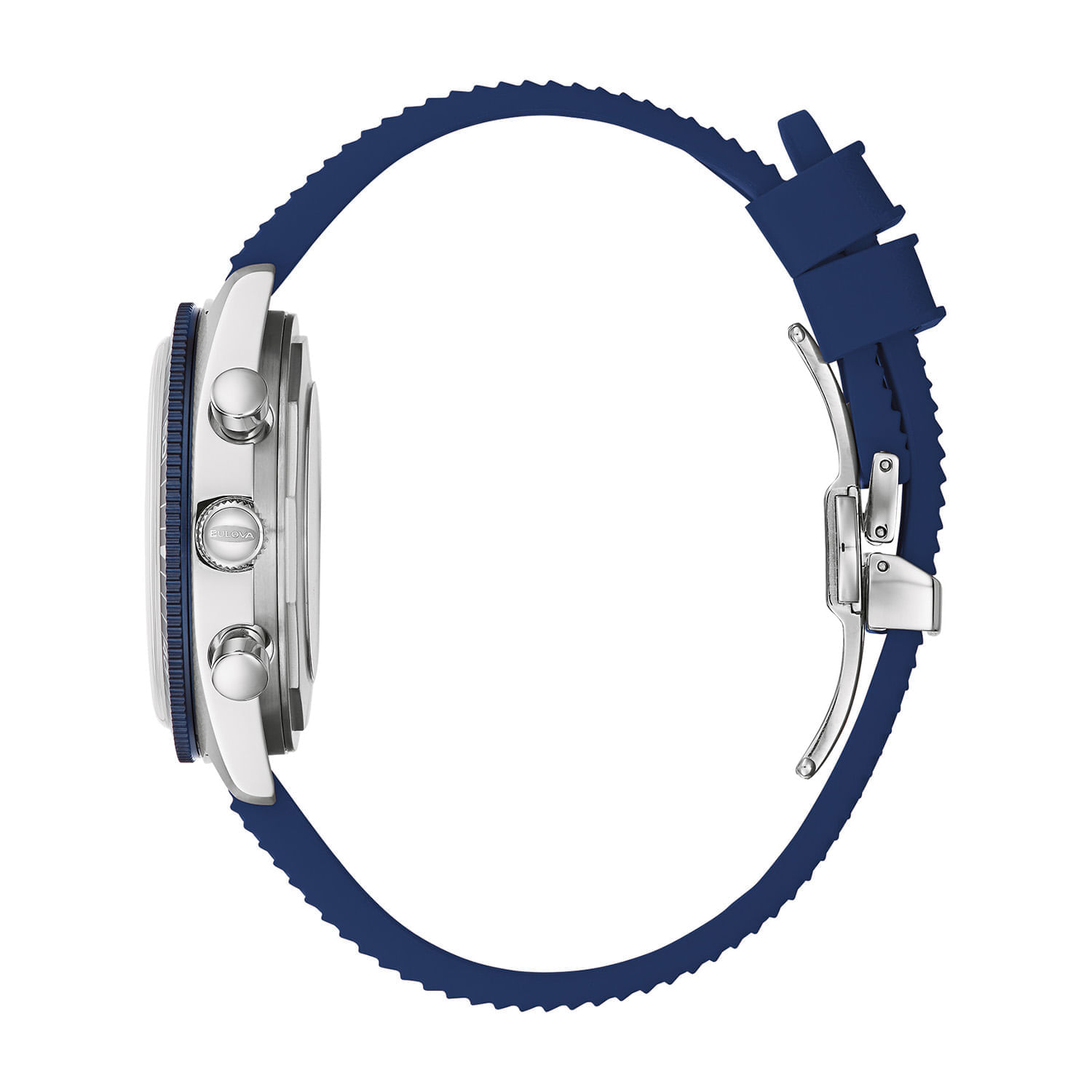 Relógio com pulseira azul e caixa prateada, visto de lado mostrando botões e fecho na pulseira.