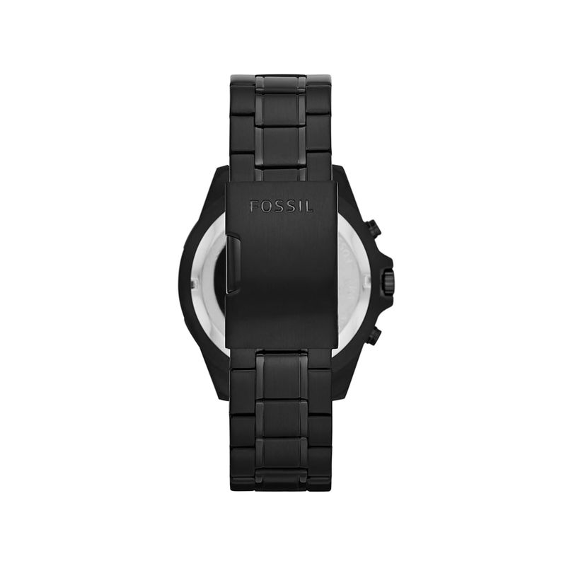 Relógio preto com pulseira de metal e fechamento de pressão, vista pela parte de trás, com a marca "FOSSIL" na pulseira.