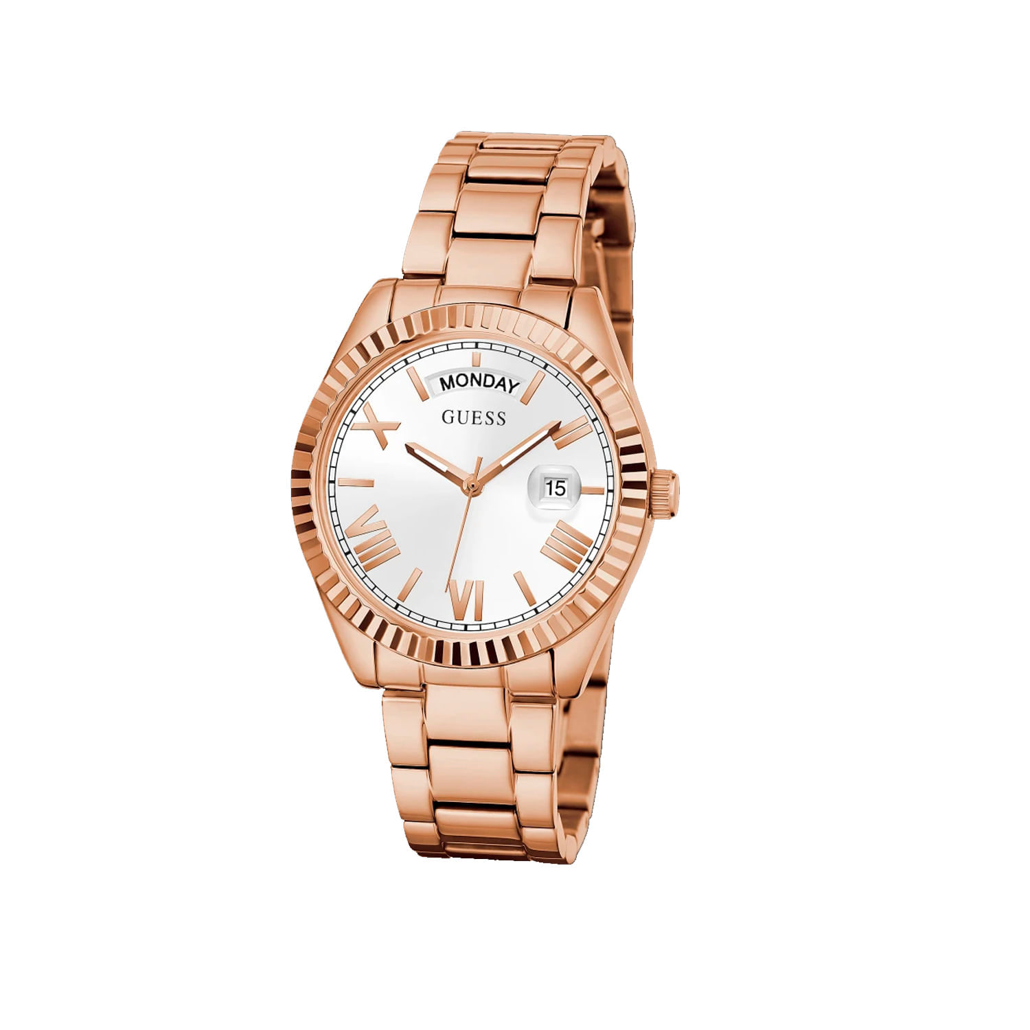 Relógio feminino dourado rosé com mostrador branco, dia, data e números romanos.