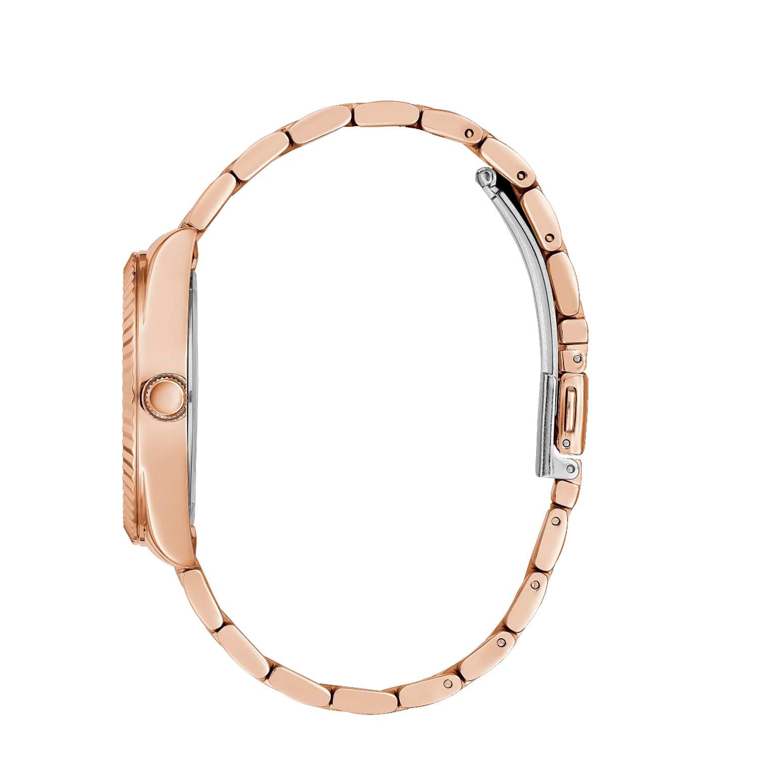 Relógio de pulso com pulseira de metal rosé, mostrando o lado esquerdo da caixa e pulseira, com detalhes na lateral da caixa.