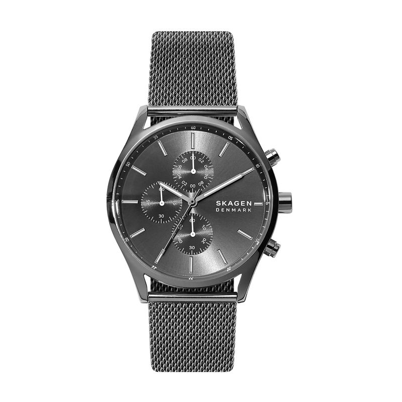Relógio masculino com pulseira de mesh prateada, mostrador cinza escuro, três subdials e caixa de metal prateada.