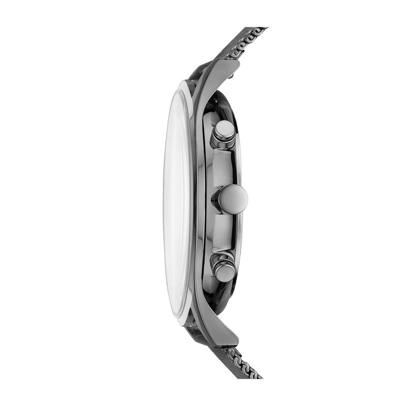 Relógio com pulseira de metal cinza e caixa prateada, visto de perfil com botões laterais e mostrador branco.
