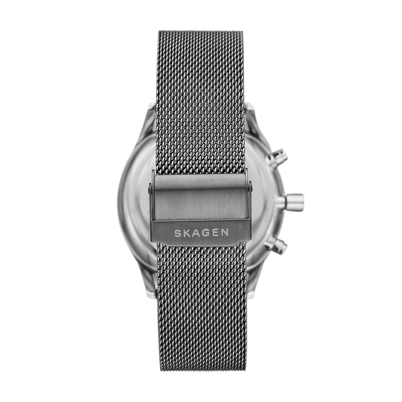 Relógio com pulseira de malha metálica cinza e fecho com marca "Skagen".