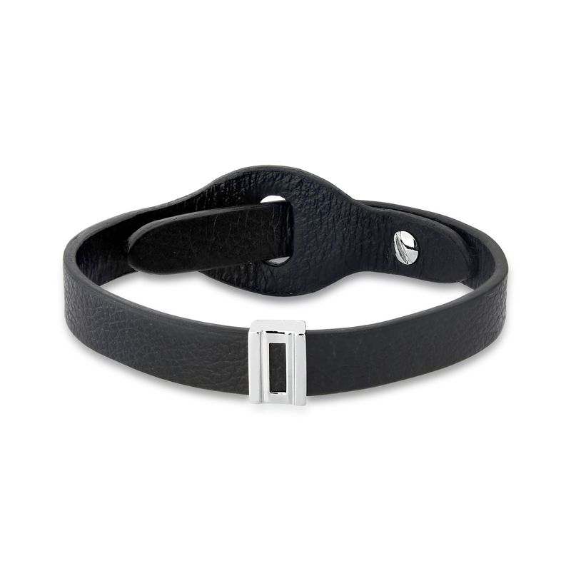 Pulseira Masculina Trilhos com Couro em Prata 925 – 27 cm