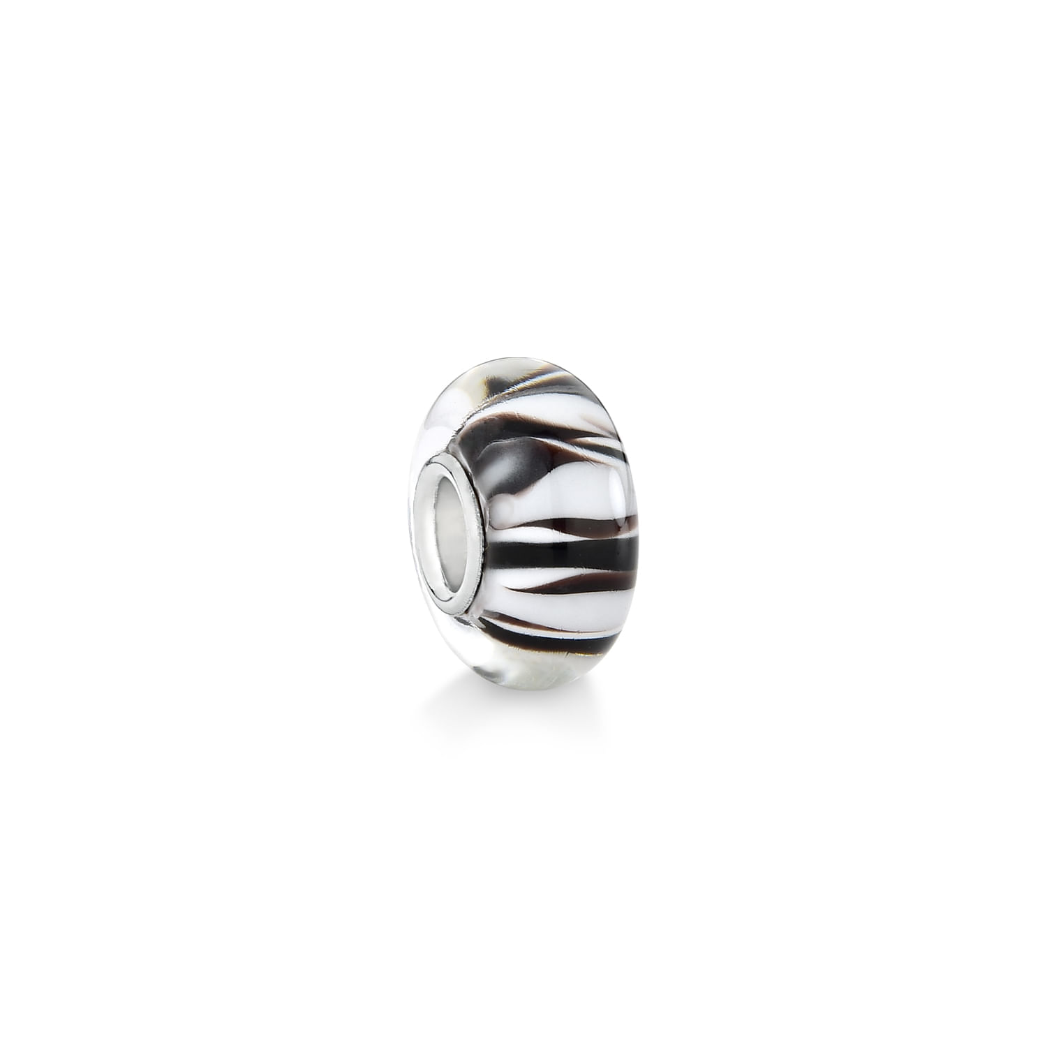 Cristal de vidro com detalhes em preto e branco, formato de anel, com efeito de linhas onduladas.