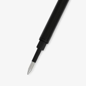 Caneta preta com corpo cilíndrico e ponta metálica.