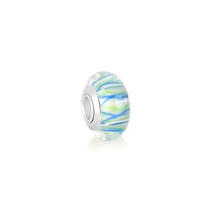 Tela de uma peça de vidro decorativo com padrão azul, verde e branco, com acabamento metálico na parte central.