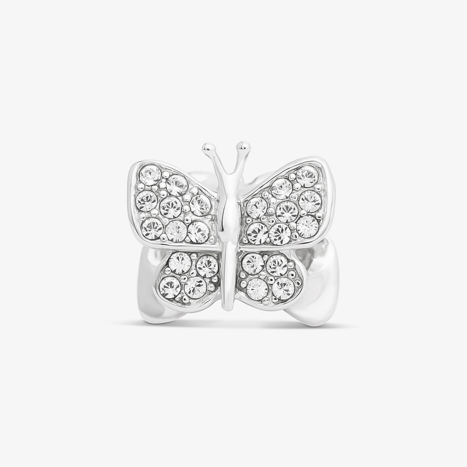 Anillo em formato de borboleta com detalhes em cristais transparentes.