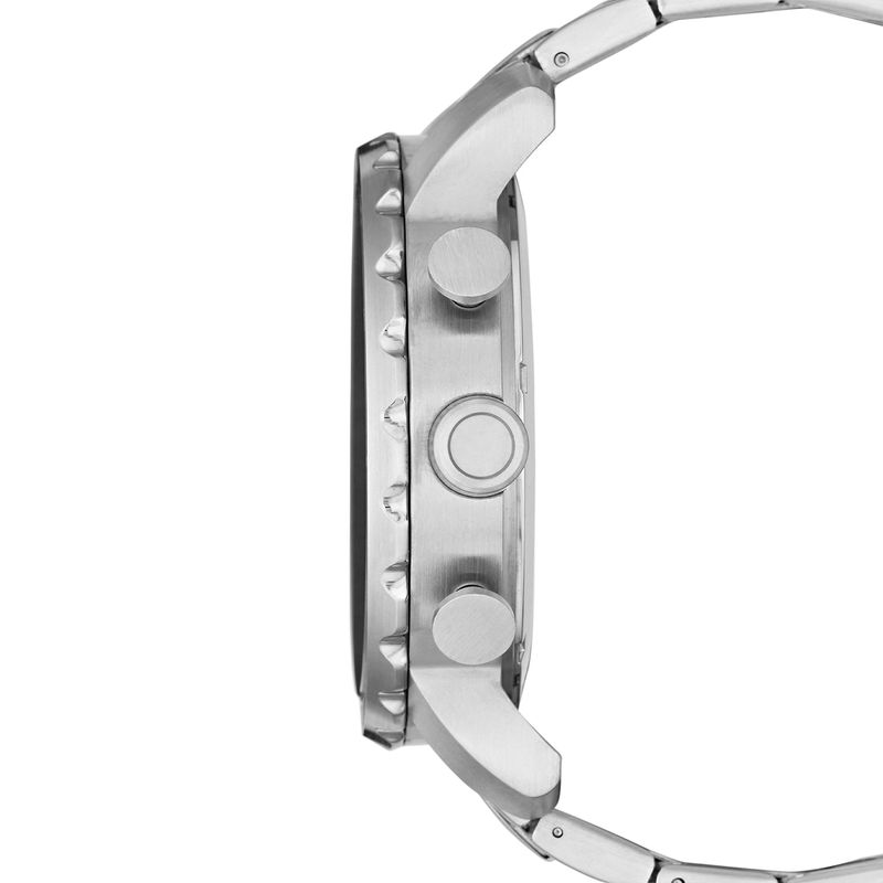 Relógio de pulso com pulseira de metal prateada, mostrador branco e botões laterais.