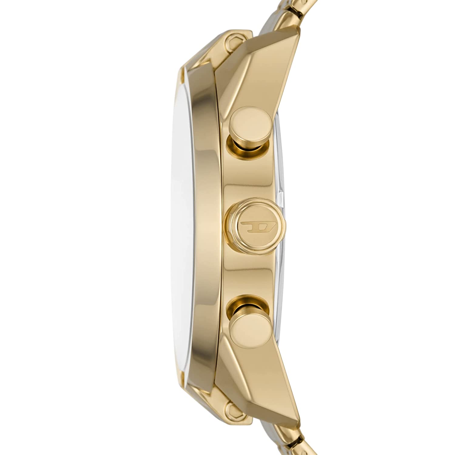 Relógio de pulso com pulseira dourada, vista lateral, mostrando botões laterais e coroa.