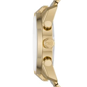Relógio de pulso com pulseira dourada, vista lateral, mostrando botões laterais e coroa.