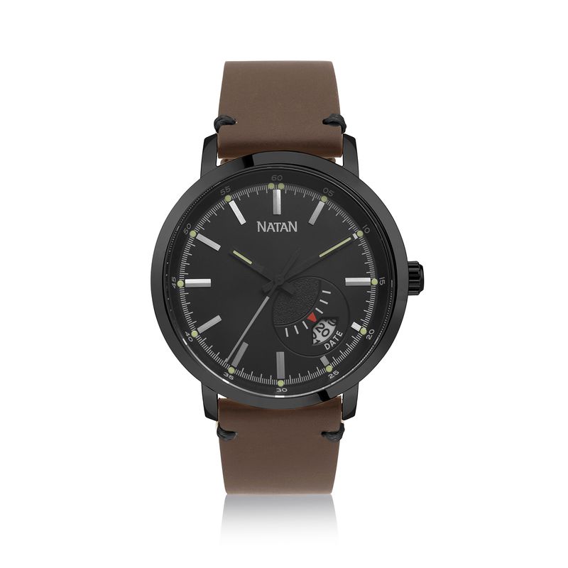 Relógio Natan Masculino em Aço Preto e Couro Legítimo Marrom com Vidro de Safira