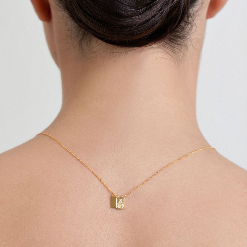 Colar dourado com dois pingentes retangulares, um liso e outro com detalhes, usado na parte de trás do pescoço de uma pessoa.