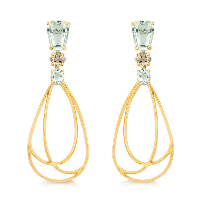 Brinco Gota com Prasiolita e quartzo murion, em Ouro Amarelo 18k