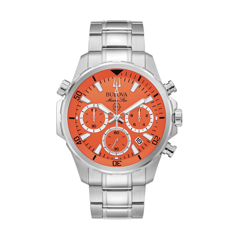 Relógio Bulova Masculino Marine Star Cronógrafo em Aço Prateado e Mostrador Laranja 96B395