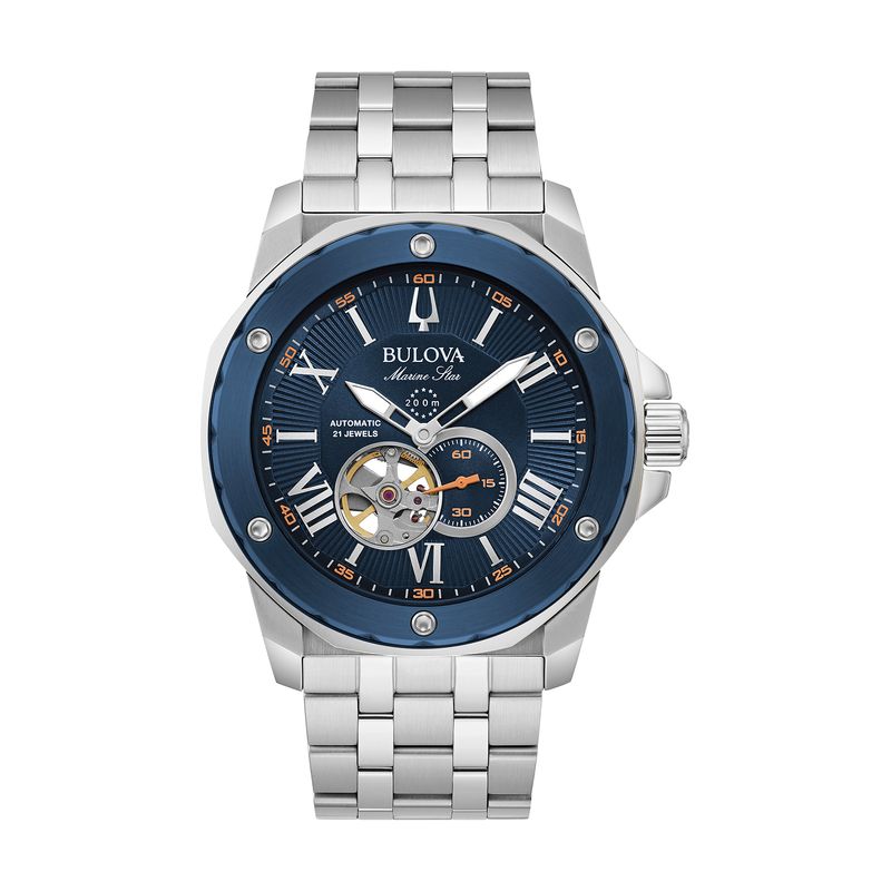 Relógio Bulova Masculino Marine Star Automático em Aço Prateado e Mostrador Azul 98A302