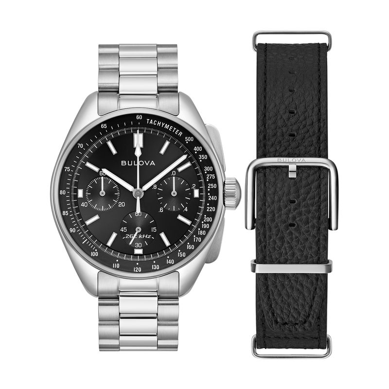 Relógio Bulova Masculino Lunar Pilot em Aço Prateado e Mostrador Preto com Pulseira Extra 96K111