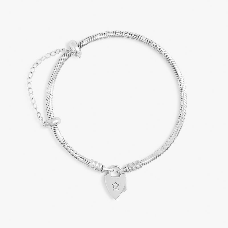 Pulseira Maleável em Prata 925 com Fecho Cadeado Coração Cravejado – 21,5 cm
