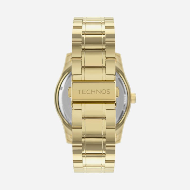 Relógio dourado com pulseira de metal, mostrador escondido sob fecho com a inscrição "TECHNOS".