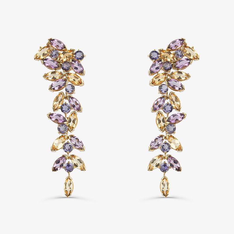 Brinco Cascata com Ametista, Citrino e Iolita em Ouro Amarelo 18k