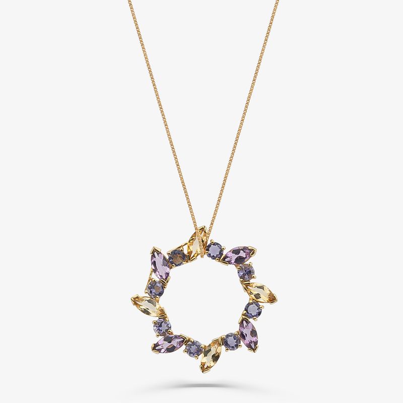 Pingente Mandala com Ametista, Citrino e Iolita em Ouro Amarelo 18k