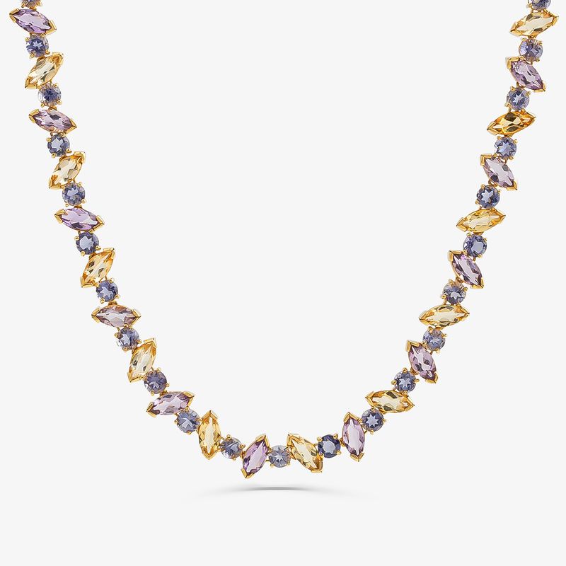 Colar Maxi com Ametista, Citrino e Iolita em Ouro Amarelo 18k