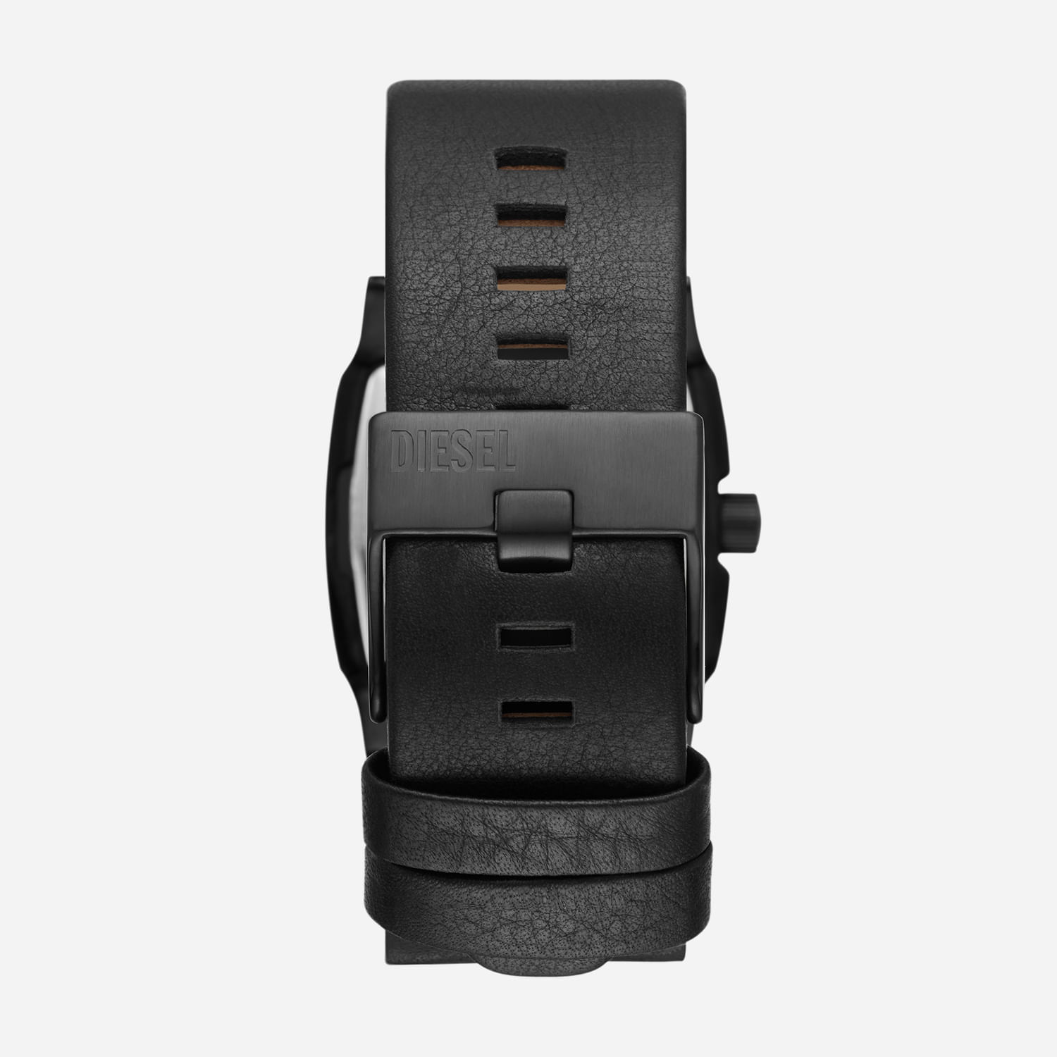 Relógio preto com pulseira de couro e pulseira de metal, com acabamento texturizado, da marca Diesel.