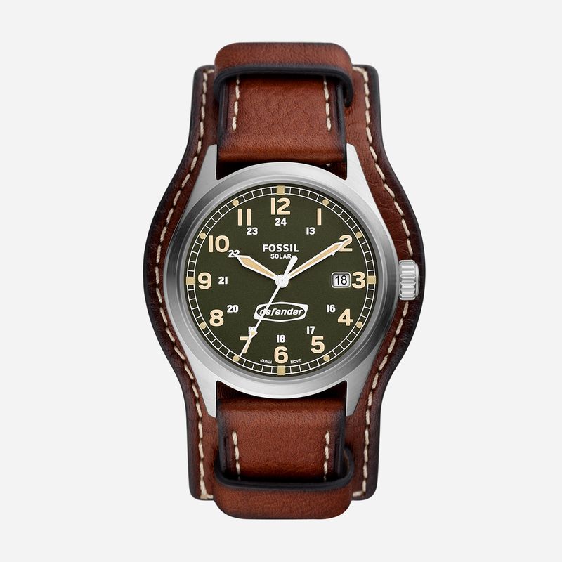 Relógio Fossil Masculino Defender Solar com Pulseira de Couro Marrom e Mostrador Verde FS5974/0KN