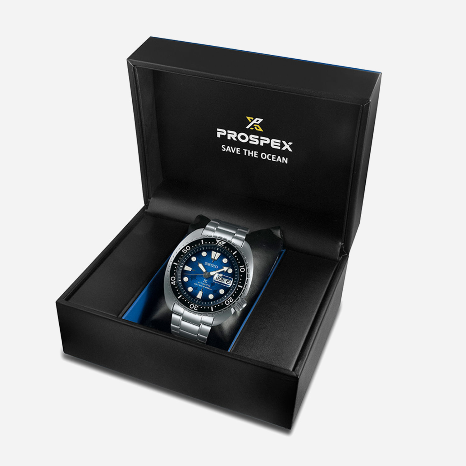 Relógio de pulso azul com bracelete de metal, exibido em estojo preto com interior azul, com a marca Prospec e a frase "Save the Ocean".