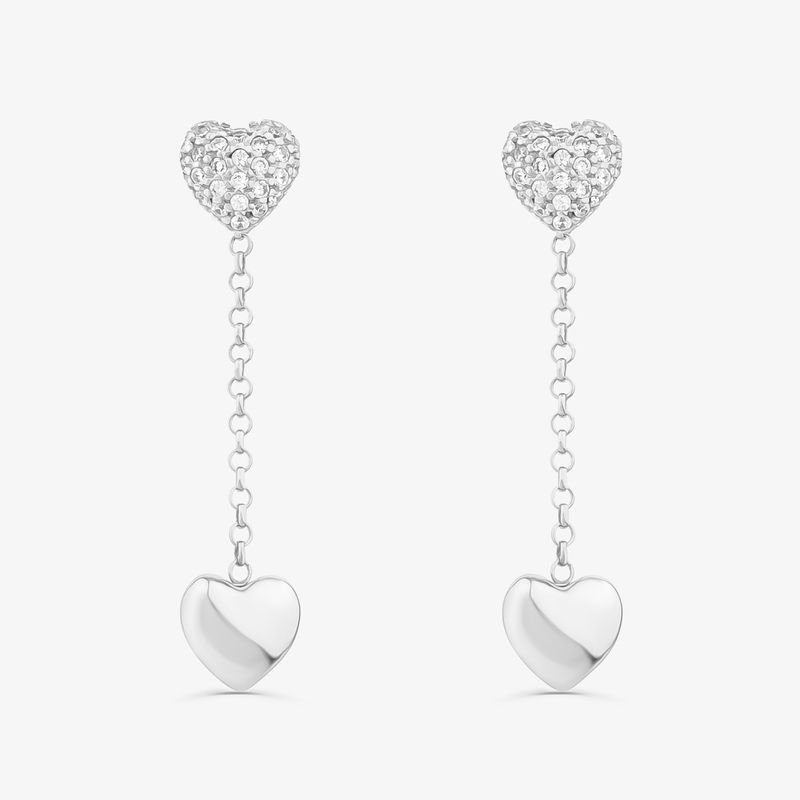 Brinco Longo Coração Cravejado em Prata 925