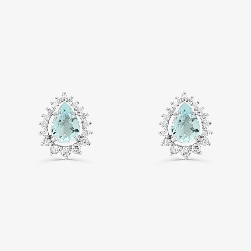 Brinco Gota com Água Marinha e Diamantes em Ouro Branco 18k