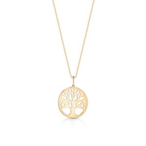 Colar com pingente de árvore estilo árvore da vida dourado no centro da imagem.